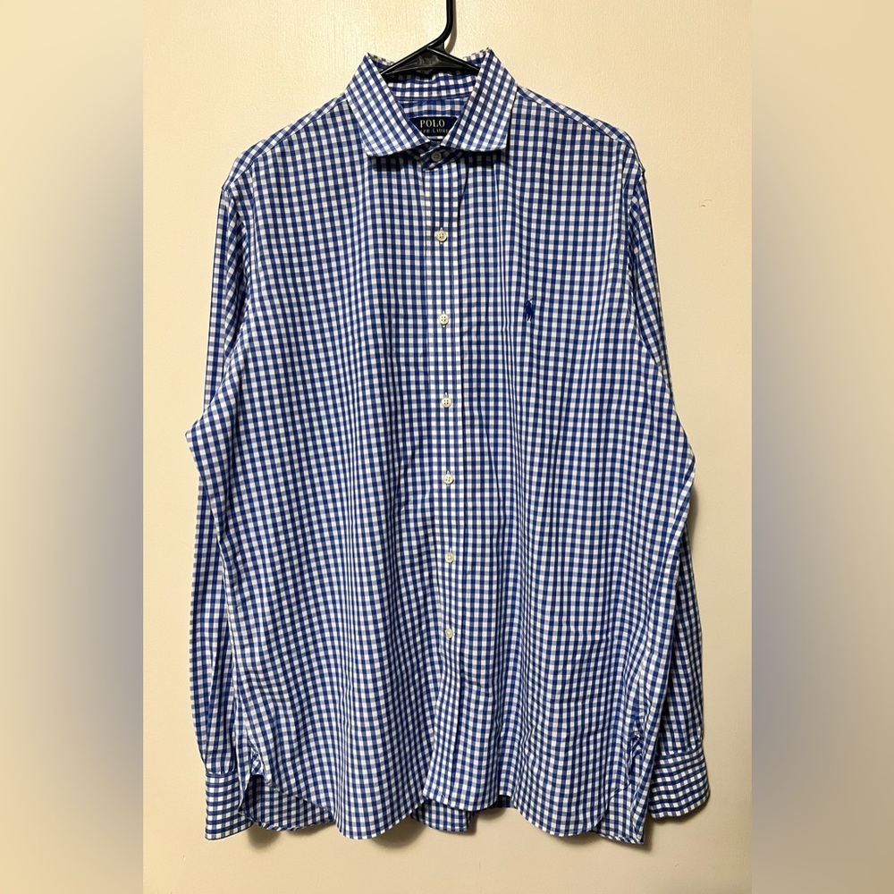 Ralph Lauren Gingham Long Sleeve Button Down Shirt Blue Mens 16 1/2 | 36/37